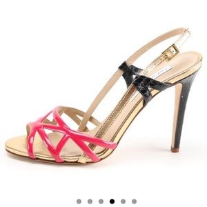 DVF Leather & Patent Leather Raspberry and Gold Strappy Heels size 8.5